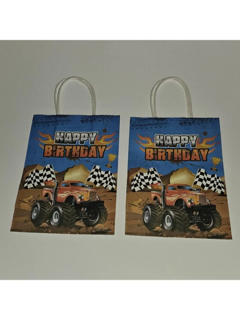 7 Monster Truck Happy Birthday Paper Gift Bag Lot 8.5x6 Green Blue Red Yellow